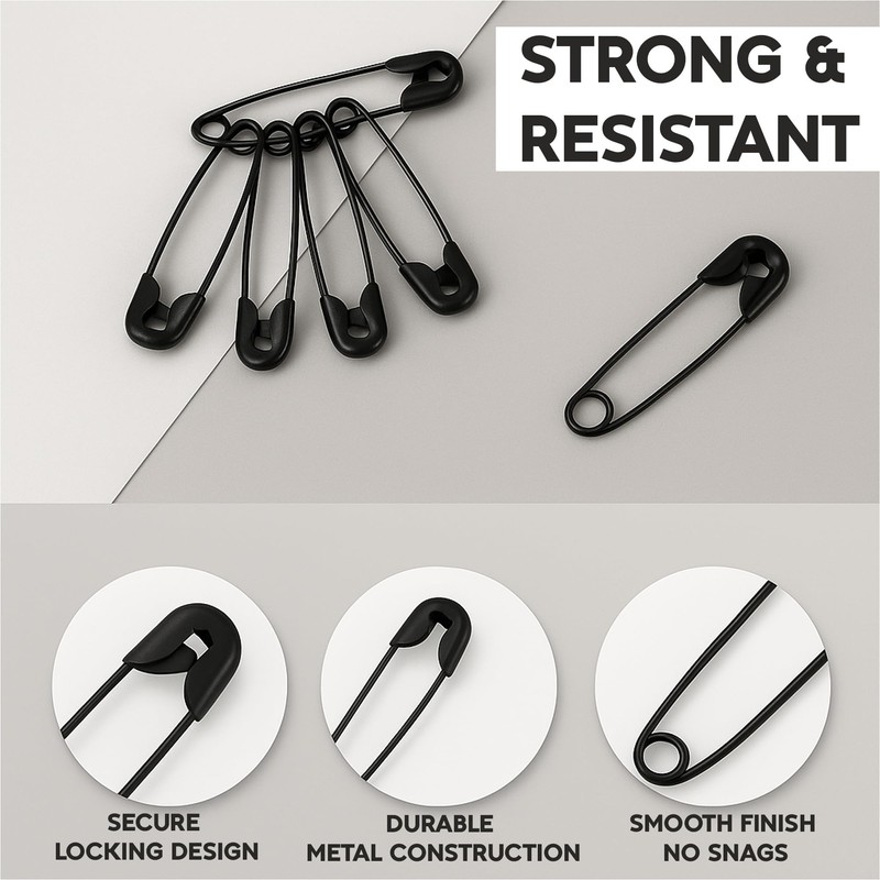 120 Mini Black Safety Pins (19mm) – Strong Alloy Steel