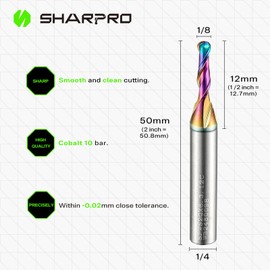 SHARPRO Carbide Ball Nose End Mill Bits 1/4 Inch Shank 1/8 Inch Cutting Dia. Ball End Mill CNC Spiral Router Bit with Smooth Quark Coating, Ideal for Wood Cutting, Slot Mortise, Engraving
