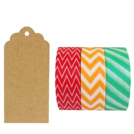 Wrapables 50 Scalloped Gift Tags/Kraft Hang Tags with Free Cut Strings & Set of 3 Washi Tape for Gifts, Crafts & Price Tags Dazzle Me