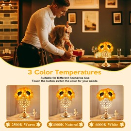 TYNLED Sunflower Crystal Table Lamp, 3 Color Cordless Touch Bedside Lamps USB Rechargeable Small Night Light, Birthday Gifts for Women/Mom