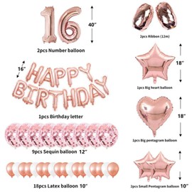 16th Rose Gold Birthday Party Decorations Pack 48PCS Banner Happy Birthday Decorations for Girls Women Party Supplies Happy Birthday Star Heart Rose Gold Foil Balloons Latex Balloons (16th)