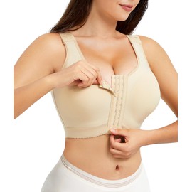 Wonderience Post-Surgical Bra Wide Adjustable Straps with Front Closure Wirefree (Large, Beige-9 Clasps)