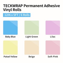 TECKWRAP Permanent Vinyl Boho, 12" x 5ft Permanent Adhesive Vinyl Pastel, 6 Rolls for Cricut, Silhouette, Cameo Cutters, Signs, Scrap-Booking, Craft for Indoor & Outdoor Decal, Light Color
