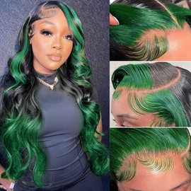 haha Black Green Ombre Lace Front Wig Human Hair Highlight Green Lace Front Wig Pre Plucked Skunk Stripe Body Wave Hd Lace Frontal Wig 13x4 Glueless Colored 24 Inch 150% Density