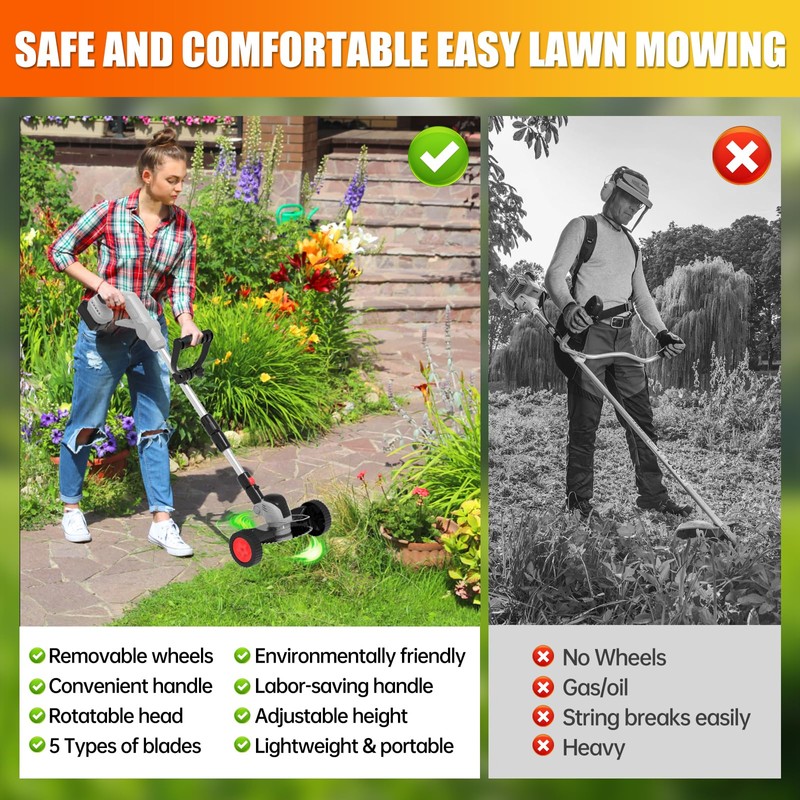 Electric Weed Wacker Eater Cordless String Trimmer Battery Powered, 21V/4000mAh