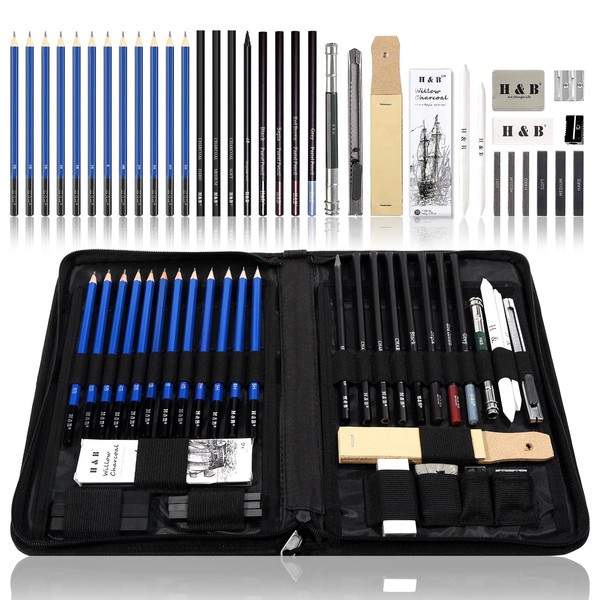 H & B 40 Piece Professional Sketch Pencil Drawing Kit,Complete