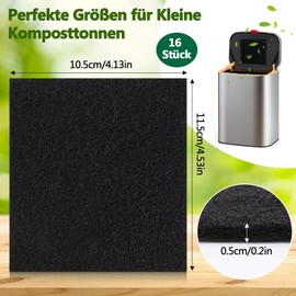 Pack of 16 Compost Container Filters, Activated Carbon Filter Composter, Carbon Filter Organic Waste Bin, Activated Carbon Filter Mat, Universal Size, Organic Rubbish Bin Filter Square for Compost