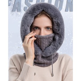 Women One Piece Slouchy Fleece Beanie Hats Scarf Mask Drawstring Warm Hooded Winter Balaclava Pullover Knitted Hat Grey