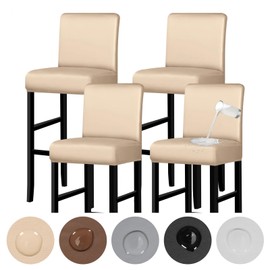Lebaley 4 Pack Bar Stool Covers with Backs, Waterproof Stretch PU Leather Barstool Slipcovers for Counter Height Chairs 14"-17" Wide, Washable for Kitchen Pub Cafe (Champagne)