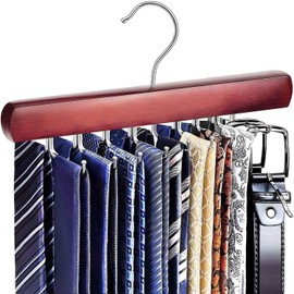 KEOAMG Tie Rack Hanger for Closet, Wooden Tie Hangers for Men with 18 Folding Hooks, Space Saving Tie Holder Neck Tie Organizer for Men Ties, Belts, Bras, Scarves, Tank Tops (Mahogany)