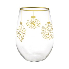 Mary Square 46943 Gold Foil Ball and Finial Ornament 16 ounce Glass Christmas Stemless Wine Glass Beverage Tumbler with Gold Foil Rim