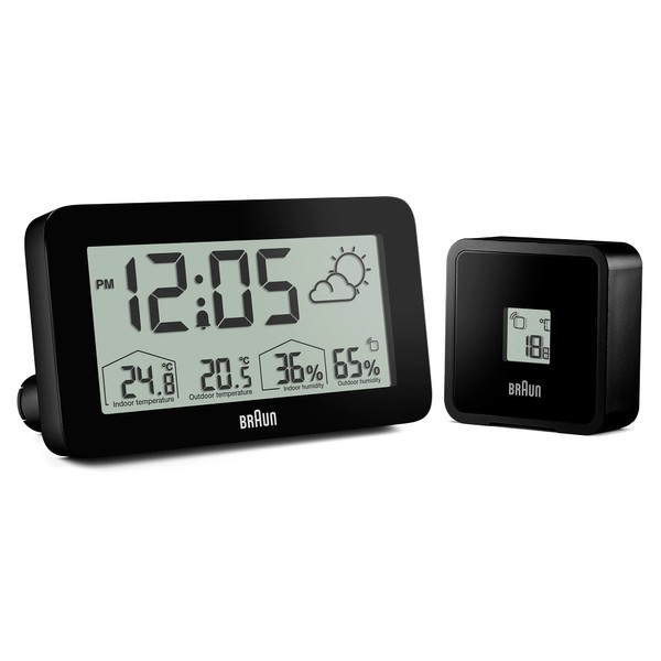 Brown Digital Weather Station Clock with Indoor Outdoor Temperature Display Humidity Forecast LCD Display Quick Setting Swelling Alarm Beep Black Model BC13BP