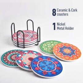 Newk Coasters for Drinks, Set of 8 Ceramic Absorbent Coasters with Metal Holder, Bright Colorful Mandala Patterns Coasters for Coffee Table, Great Housewarming Gifts