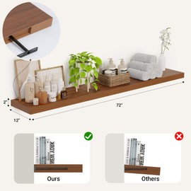 Heimlove 12 Inch Deep Floating Shelves, 72 x 12 inches Long Wall Shelf, Large Extra Display Shelf & Storage Shelf, Rustic Wood Wall Shelves for Fireplace Mantel, Walunt - 1Pack