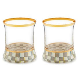 MACKENZIE-CHILDS Tumbler Glasses, Elegant Glass Cups, Glass Drinkware with Gold Rims, 8 Ounces, Set of 2, Gray-and-White Sterling Check