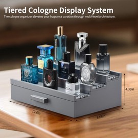 GLOKUUCA Perfume Organizer for Men, 3 Tier Wood Perfume Display Stand with Velvet Lining Drawer and Hidden Compartment for Watch,Jewelry,Perfume Display Risers,A Gift for Men (Gray)