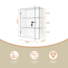 Vynora Acrylic Display Case 3 Tier Clear emovable Display Case with Lock Key Used to Display Figures,Jewelry, Perfume with Shelf, Display Box Wall Mounted with Shelf 11.8x5.9x15.7 in