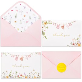 Crisky Baby Cloth 2 Assorted Pink Gold Thank You Cards (25 Pack) with Envelopes & Stickers Greeting Cards Bulk, Watercolor Delicate Wildflower for Baby Shower Party