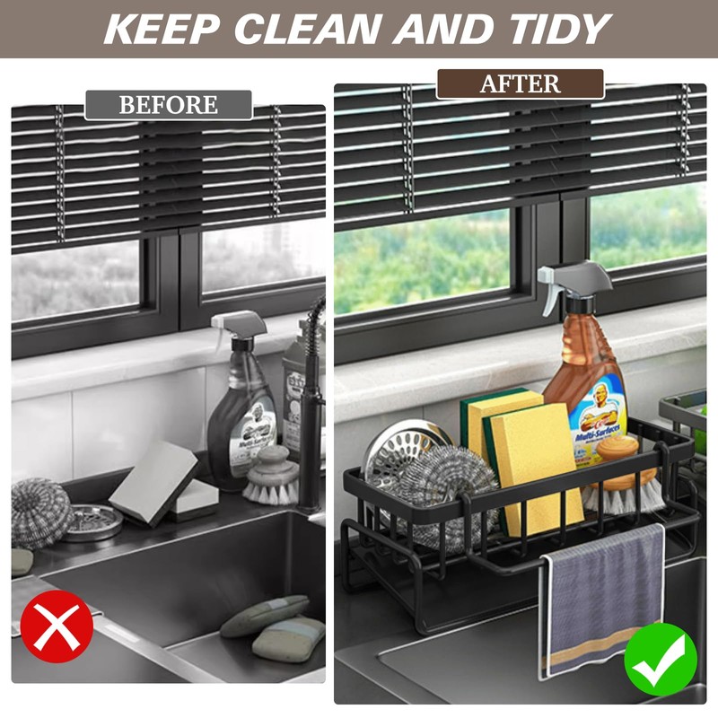 WOGOPRO Sink Organiser, Kitchen Organiser Sponge Holder with Self-Draining Drain