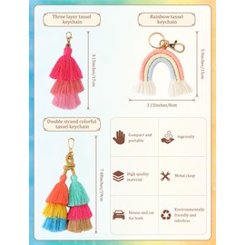 COAUXOG 3pcs Keychain Tassels,Boho Rainbow Keychain & Double Stranded Colored Tassel Keychain with Triple Colorful Tassel Keychain Mobile Wallet Tassel Keychain Backpack Charms