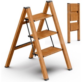 SOLADDER 3 Step Ladder, Folding Step Stool with Anti-Slip Wide Sturdy Pedal, Multi-Use for Home and Kitchen Use, Space Saving-Woodgrain(300 lbs Capacity)