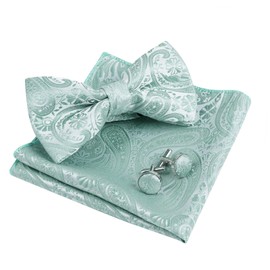Alizeal Mens Classic Paisley Bow Tie, Hanky and Cufflinks Set, Neo Mint