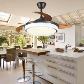 DUNTRKDU 42 Inch Modern Retractable Ceiling Fan with Lights Remote Control, Dimmable Ceiling Fan for Bedroom Living Room, LED 3 Color, Quiet DC Motor, 6 Speed