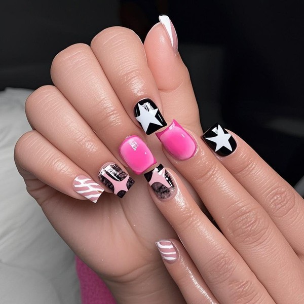BABALAL Press on Nails Short Square Fake Nails Pink Black
