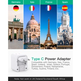 European Travel Plug Adapter, Foldable International Power Plug Adapter with 2 AC Outlets 3 USB Charging Ports(2 USB C), Type C Plug Adapter Travel Essentials, 1 Pack
