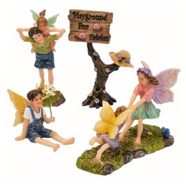 PRETMANNS Fairies for Fairy Garden - Accessories Kit for Indoor Outdoor Miniature Garden – Boy & Girl Figurines with a Cute Sign – 4-Piece Colorful Playground Set