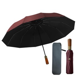 JXyuanQi 12 Ribs, Full Light Blocking, Folding Umbrella, One-Touch Automatic Open/Close, Parasol, For Both Sun and Rain, 100% UV Protection, Premium Brushed Bronze Wooden Handle, Lightweight, Compact