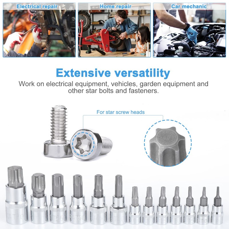 Gueenky 13-Piece Torx Bit Set, T8 - T70 Multi-Tooth Socket