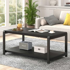 EXCEFUR Coffee Table with Storage Shelf, Rustic Wood and Metal Cocktail Table for Living Room, Grey