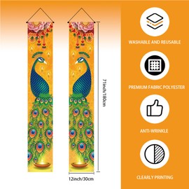 AEHHDL Happy Diwali Porch Banner,Indian Diwali Peacock Front Door Porch Welcome Sign Deepavali Festival of Lights Decorations for Home Doorway-12×71'' (Gold)