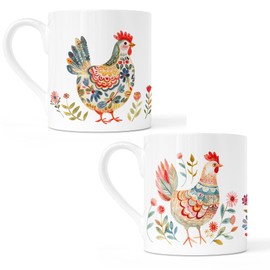 Noble & Page Set of 2 Bone China Cups – Nordic-Inspired Design with Brightly Coloured Chickens & Floral Accents – 8oz Hand-Printed Tea & Coffee Cups