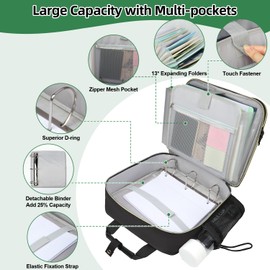 AHZSKE 3 Inch D-Ring Zipper Binder Bag for 700 Sheet Capacity& 13 Inch Laptop Compartment, Detachable Zip Up Binder Case with 13 Expanding Pockets Accordion File Organizer for School Office (Black)