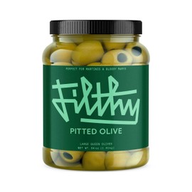 Filthy Pitted Olives, Premium Cocktail Garnish, Pitted Queen Olives, Naturally Cured Olives for Dirty Martinis & Entertaining, Bulk 64 Oz Jar, 125 Olives