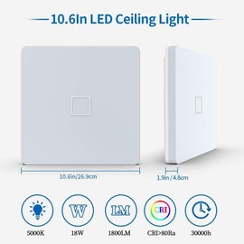 Airand 5000K LED Ceiling Light Flush Mount Ceiling Lamps 18W LED Ceiling Light Fixture,10.6 inch Square LED Light Fixture for Home & Office, Hallway with 180pcs LED Chips, 1800LM, 80Ra+ (Daylight)