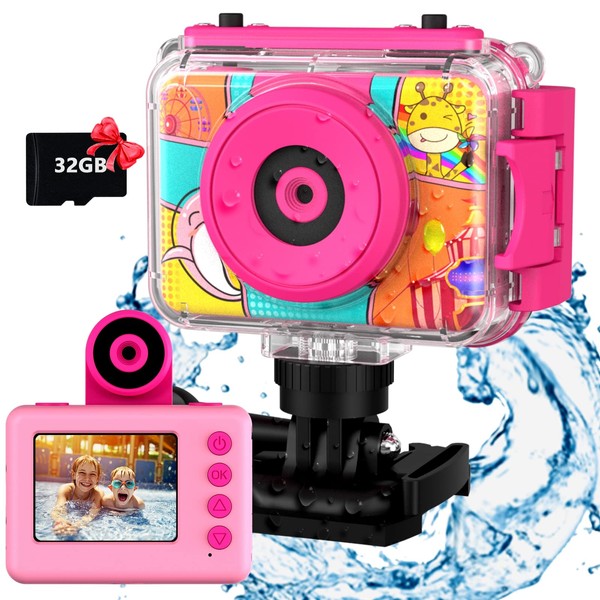 USHINING Kids Waterproof Camera - Kids Digital Underwater Camera 20MP 180 Rotatable Action Sport Camera 1080P HD Camcorder 32GB SD Card, Bithday Gifts for Girls Aged 4,5, 6, 7, 8-12 Years Old-Pink