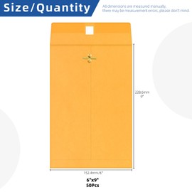 Glarks 50Pcs 9 x 6 Inch Clasp Envelopes Brown 28lb Kraft Paper Catalog Envelopes with Gummed Seal and Clasp Closure for Home Office Business School Filing, Storing and Mailing Documents