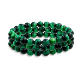 Bling Jewelry Set of Three Semi Precious Gemstone Green Tiger-Eye Round Bead 8MM Stacking Stretch Bracelet For Women Men Teen Unisex Single Strand