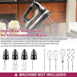 Hand Mixer Beaters Attachments, Whisk, Dough Hooks, and Liquid Blending Rod, Stainless Steel Hand Mixer Accessories Compatible with Kitchenaid Hand Mixers KHM3 KHM5 KHM7 KHM9, KHM926, KHM512, Set of 6