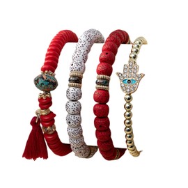 LSxAB Red Healing Chakra Bracelet for Women Evil Eye Khamsa Hand Bead Stretch Spiritual Protection Guardian Love 4PC Heart Birthday Anniversary