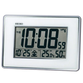 Seiko Clock SQ443S Wall Clock, Silver Metallic, Main Unit Size: 6.6 x 9.7 x 1.0 inches (16.7 x 24.7 x 2.7 cm), Radio Waves Correction, Digital, High Precision, Temperature and Humidity Display, Hanging Type