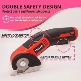Sturasy Cardboard Cutter with Safety Lock, Red Cordless Electric Scissors Two Blades, Rechargeable 4V 2000mAh Electric Rotary Cutter for Cardboard, Fabric, Carpet, Leather, Paper, Plastic, Packages
