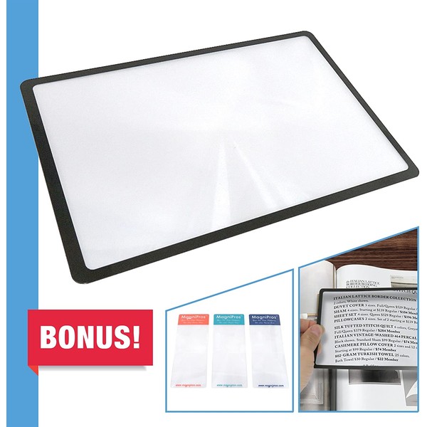 MagniPros Premium 3X (300%) Page Magnifying Lens with 3 Bonus Bookmark Magnifiers for Reading Small Prints, Low Vision Aids & Solar Projects