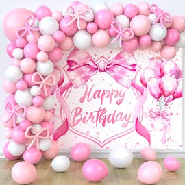 Jumpama Pink Bow Birthday Decorations Coquette Birthday Party Decorations Pink Bow Backdrop Coquette Banner and 145pcs Balloons for Girls Women Baby Shower Bachelorette Party Supplies