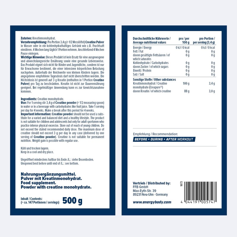 Energybody Creatine 500 g / 100% Creapure Creatine Powder without