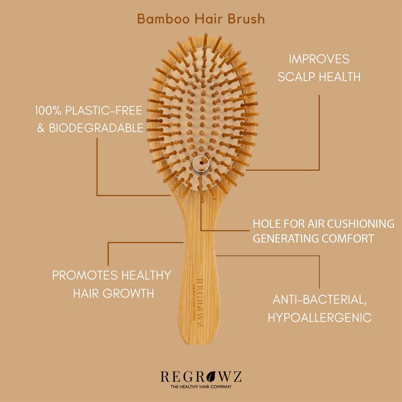 Regrowz Bamboo Paddle Hairbrush with Round Bristles - Detangle Hair