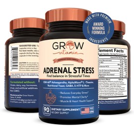 Grow Vitamin Adrenal Stress Advanced Formula, Organic KSM-66 Ashwagandha with AlphaWave L-Theanine, 5-HTP, Magnesium Blend - Everyday Stress Relief, Mood Support, Cognitive, Brain Health, 90 Capsules
